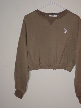 Chyrii Cropped Oversized Pullover Sweatshirt Brown Size L